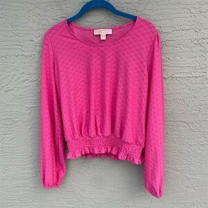 Michael Kors Women's Faux-Eyelet Smocked Top Cerise Pink Balloon Sleeve